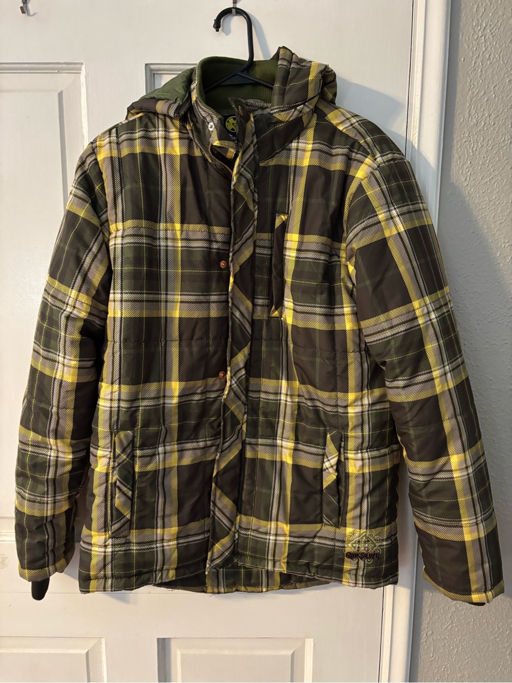 Quiksilver Men's S Plaid Hooded Lined Zip Jacket w/ Pockets Green Yellow Black
